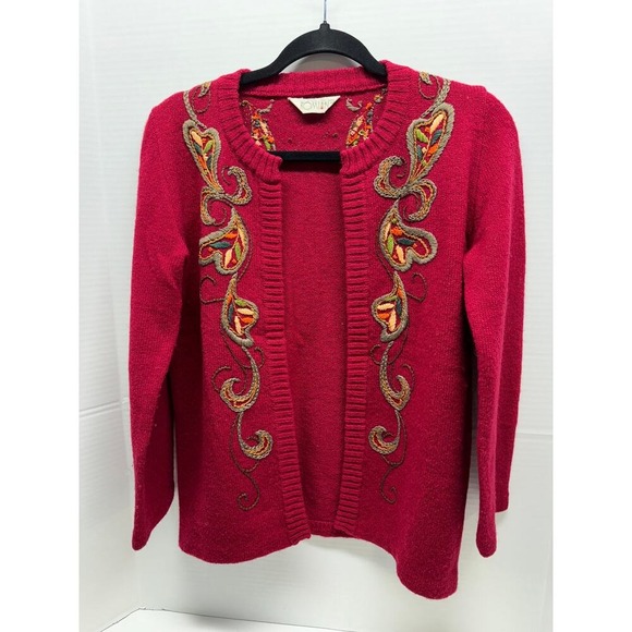 Vintage Rowan Red Cranberry Cardigan Embroidered Floral Accent Knit Sweater - Picture 3 of 8